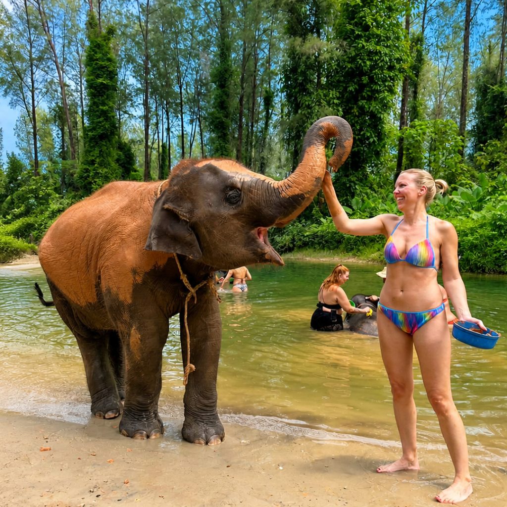 Guest interacting with an elephant during a sanctuary experience in Khao Lak