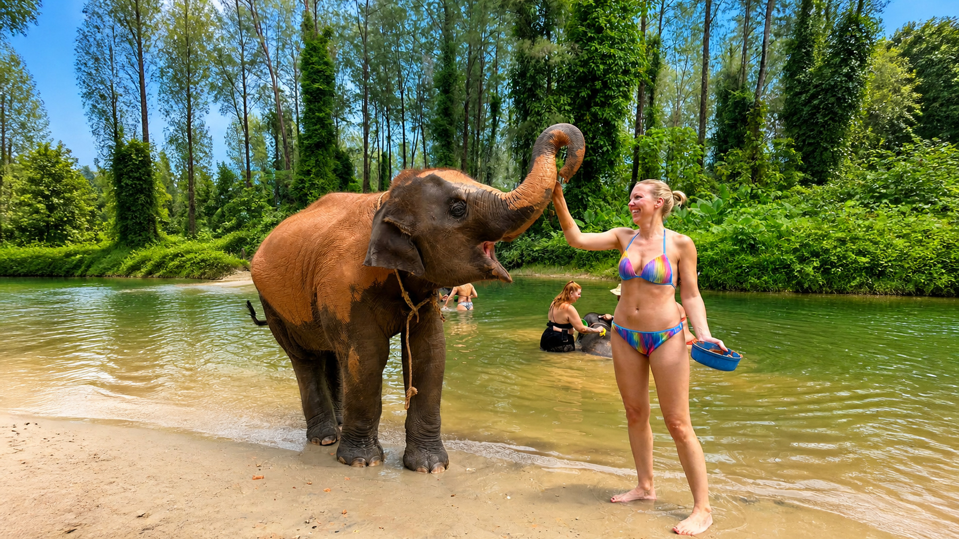 Guest interacting with an elephant during a sanctuary experience in Khao Lak