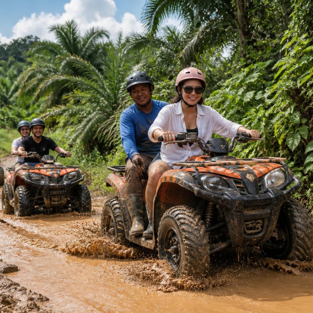 Group of riders on ATVs driving through a muddy jungle trail near Khao Lak